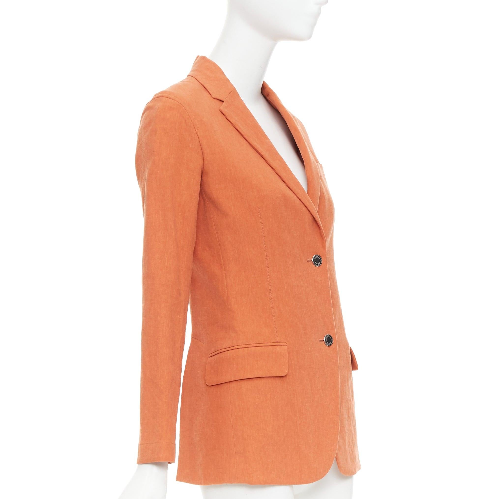 HERMES orange 100% linen logo buttons dual button blazer jacket FR34 XS In Excellent Condition For Sale In Hong Kong, NT