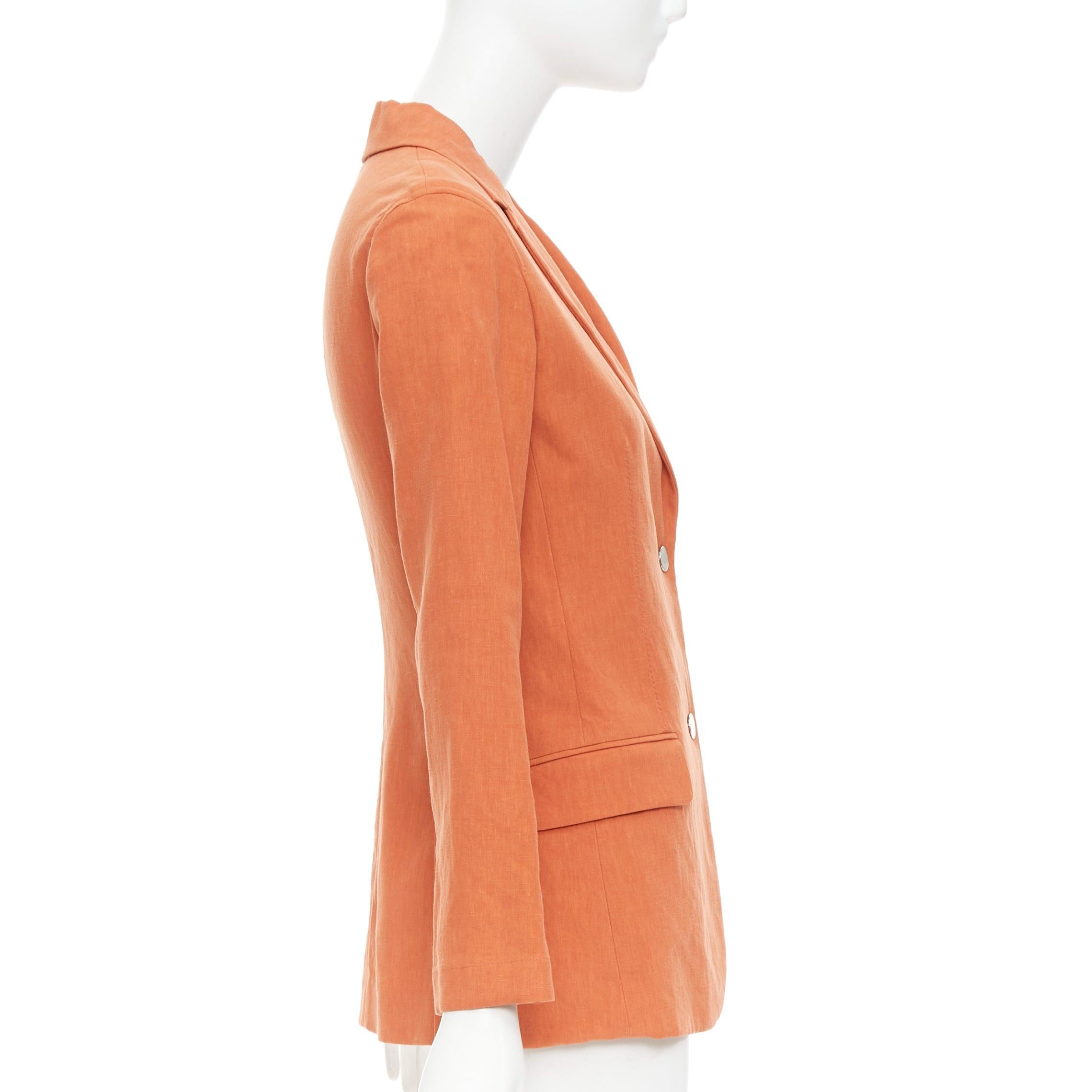Women's HERMES orange 100% linen logo buttons dual button blazer jacket FR34 XS For Sale