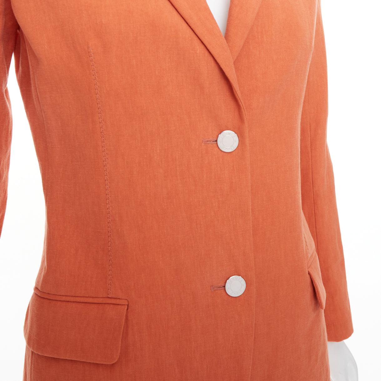 HERMES orange 100% linen logo buttons dual button blazer jacket FR34 XS For Sale 3