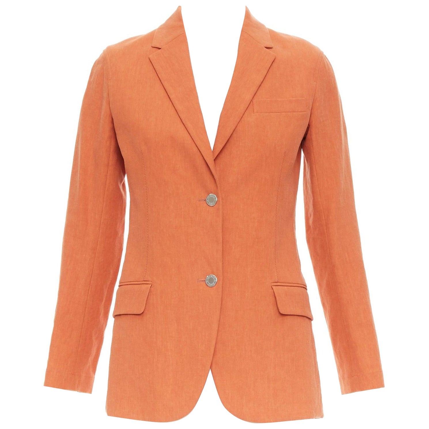 HERMES orange 100% linen logo buttons dual button blazer jacket FR34 XS For Sale