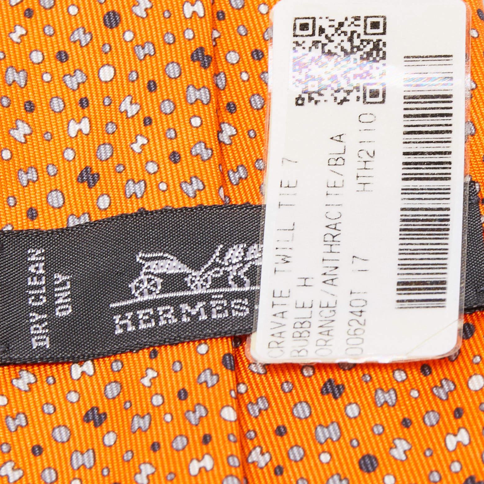 Men's Hermes Orange 7 Bubble H Printed Silk Slim Tie