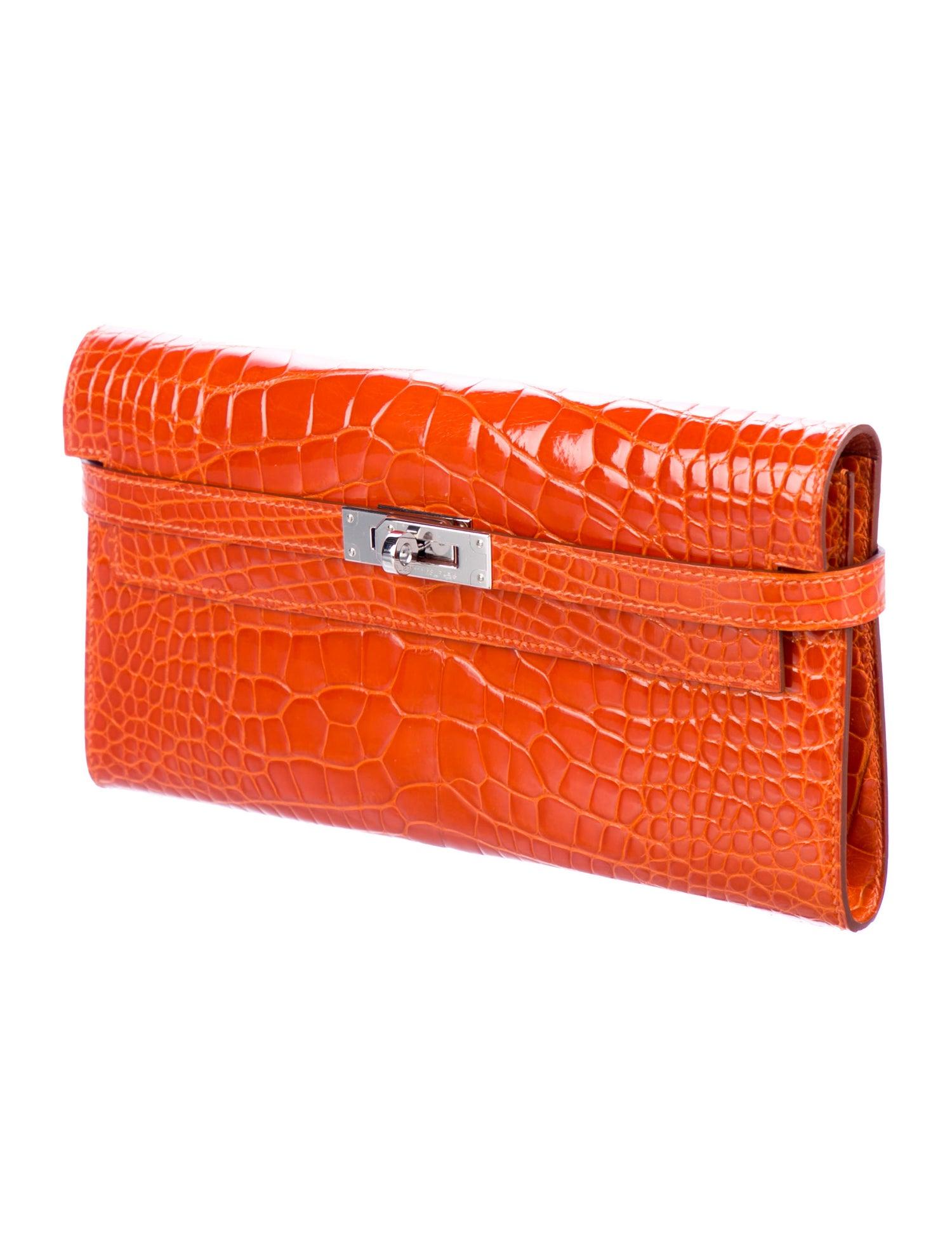 Red Hermes Orange Alligator Palladium  Evening Kelly Clutch Wallet Bag in Box