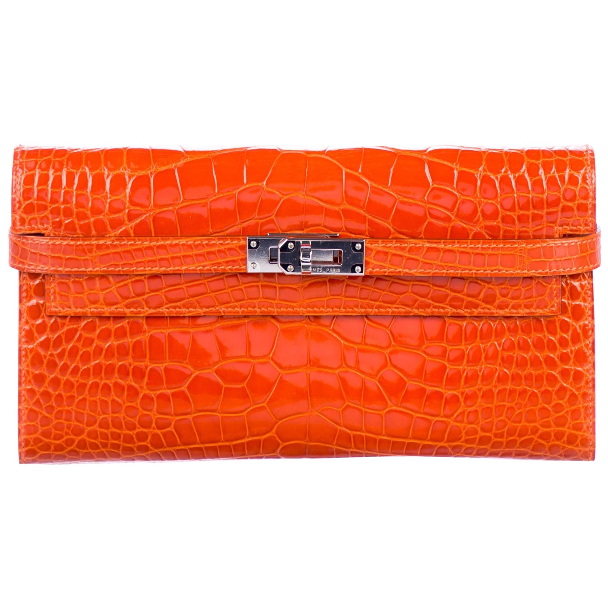 Hermes Orange Alligator Palladium  Evening Kelly Clutch Wallet Bag in Box