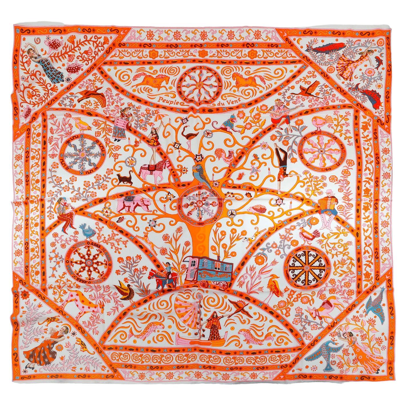 Hermès Orange and Pink Peuple du Vent Cashmere Silk Scarf For Sale at  1stDibs
