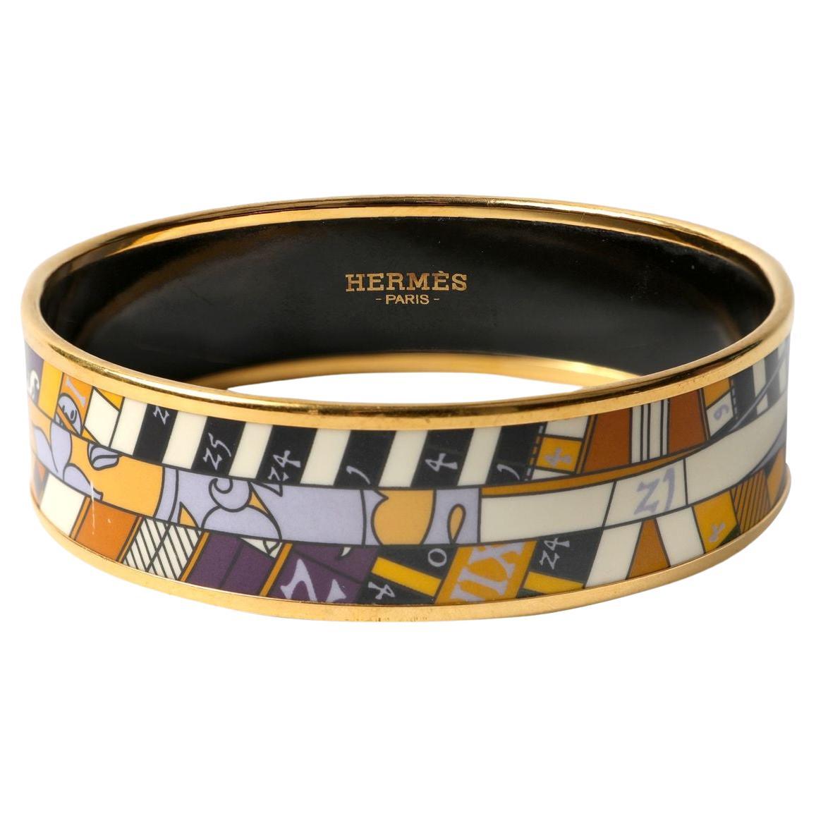 Hermes Enamel Bangle Bracelet Wide 62 PM Multi Colour Print Yellow Gold  Plate | Chairish