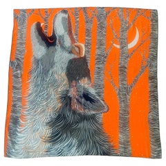 Hermes Orange AWOOOOO Wolf Howling at the Moon Cashmere/Silk Shawl 50" Unworn