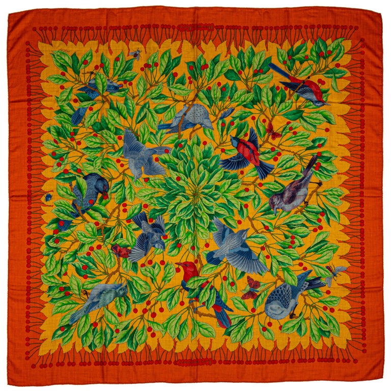Hermes Orange Blue Birds Cashmere Shawl at 1stDibs
