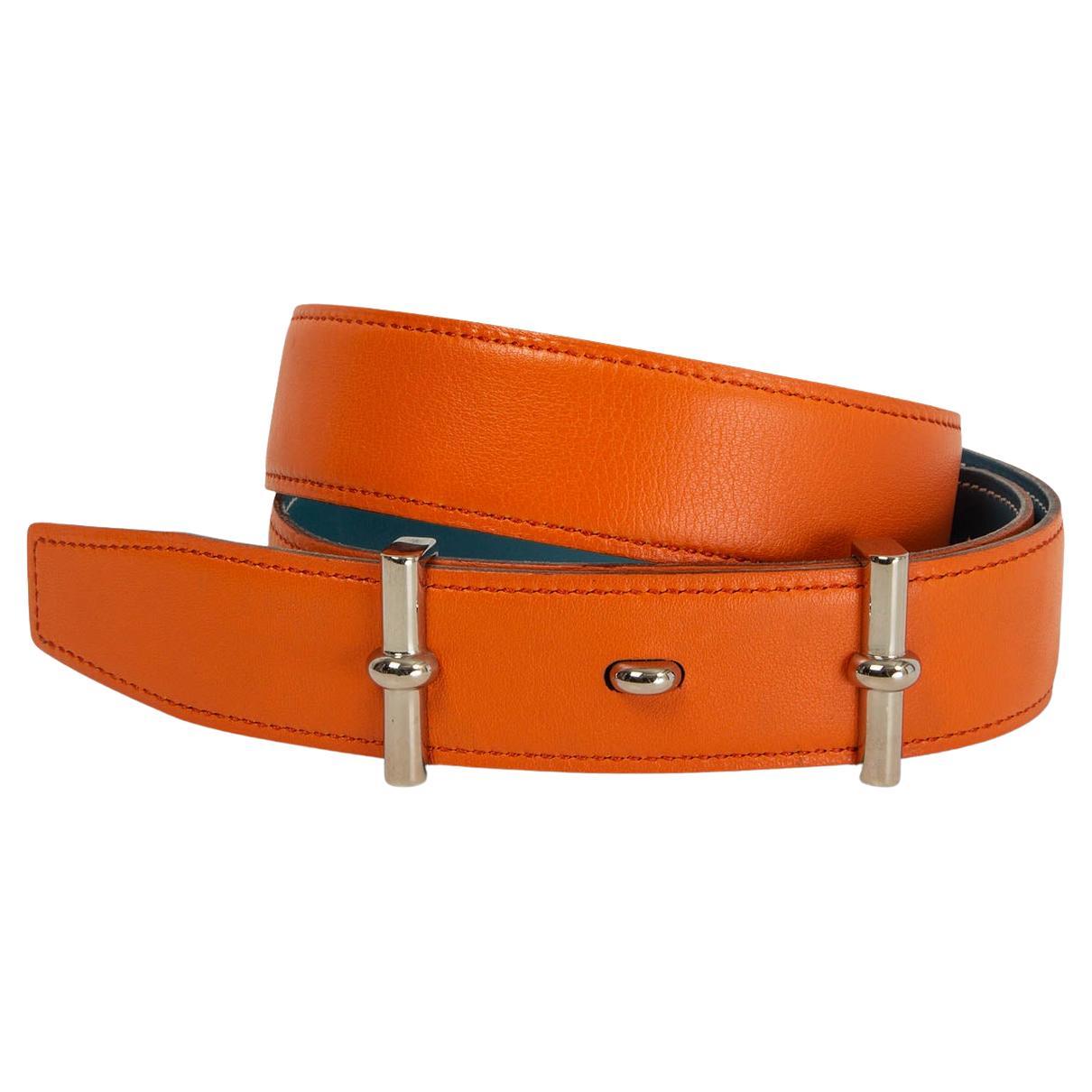 HERMES orange & blue jean leather 32mm REVERSIBLE Belt 75 For Sale
