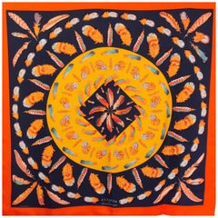 Hermes orange & blue PLUMES II 90 silk twill Scarf