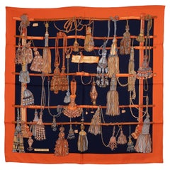 HERMES orange blue silk PASSEMENTERIE 90 Twill Scarf