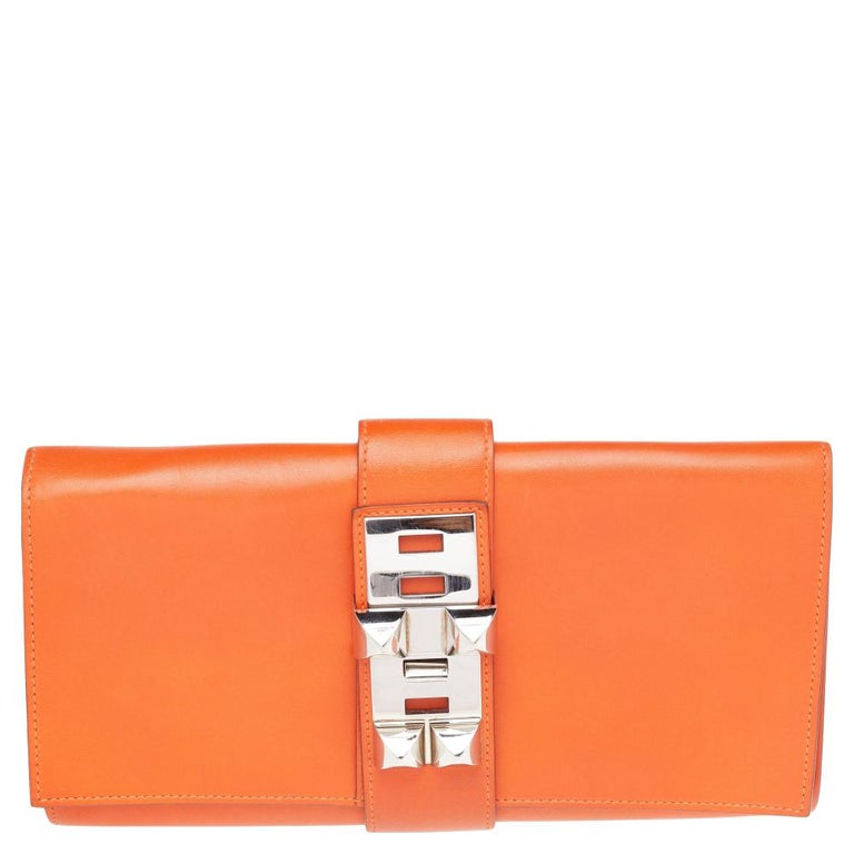 Hermes Orange Box Leather Medor 29 Clutch For Sale