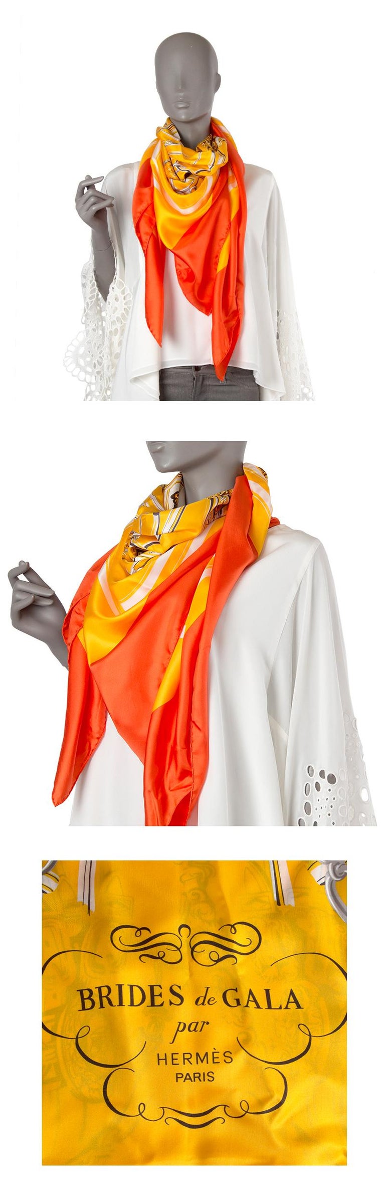 HERMES orange BRIDES DE GALA 140 PLUME silk Shawl Scarf In Excellent Condition For Sale In Zürich, CH