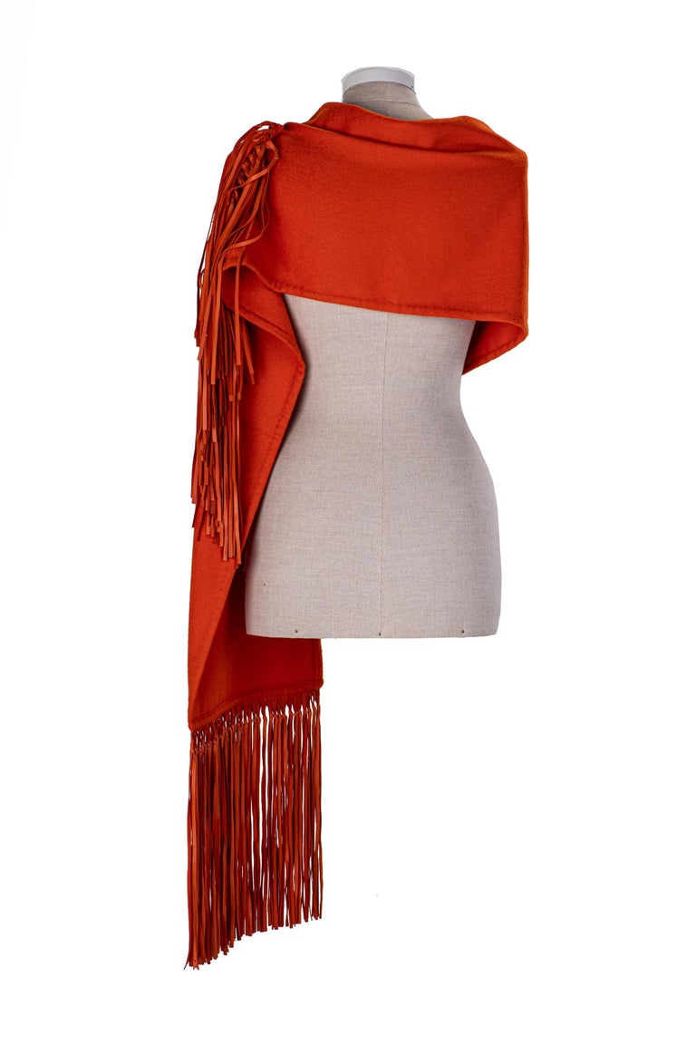 Hermès Orange Cashmere Leather Scarf For Sale at 1stDibs