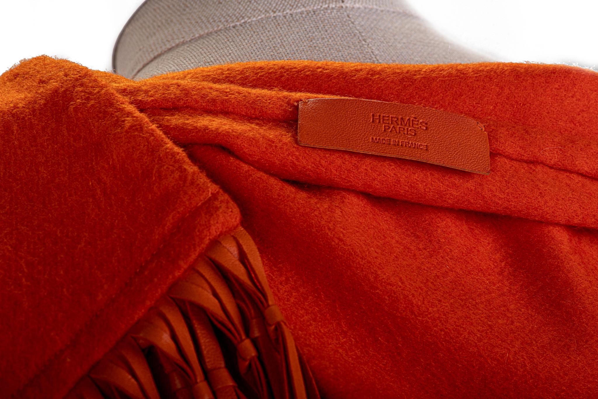 Hermès Orange Cashmere Leather Scarf For Sale 1