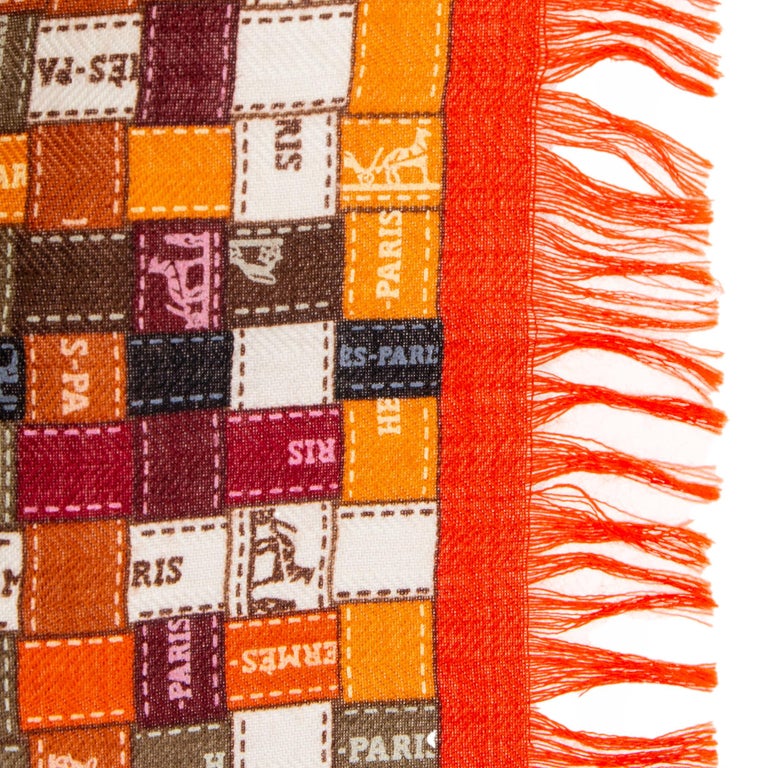 HERMES orange cashmere silk BOLDUC AU CARRE Muffler Scarf For Sale at