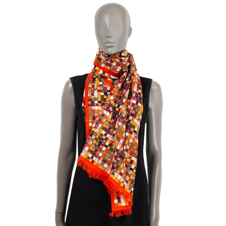 HERMES orange cashmere silk BOLDUC AU CARRE Muffler Scarf For Sale at