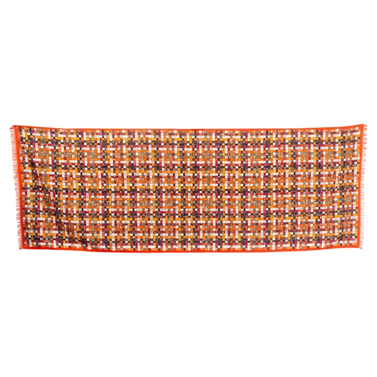 HERMES orange cashmere silk BOLDUC AU CARRE Muffler Scarf For Sale at