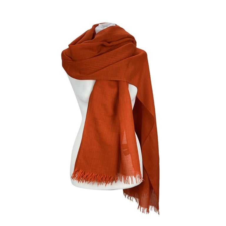 Red Hermes Orange Cashmere Wool H Pattern Large Scarf Shawl