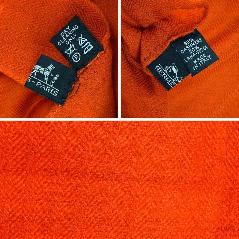 Hermes Orange Cashmere Wool H Pattern Large Scarf Shawl 1