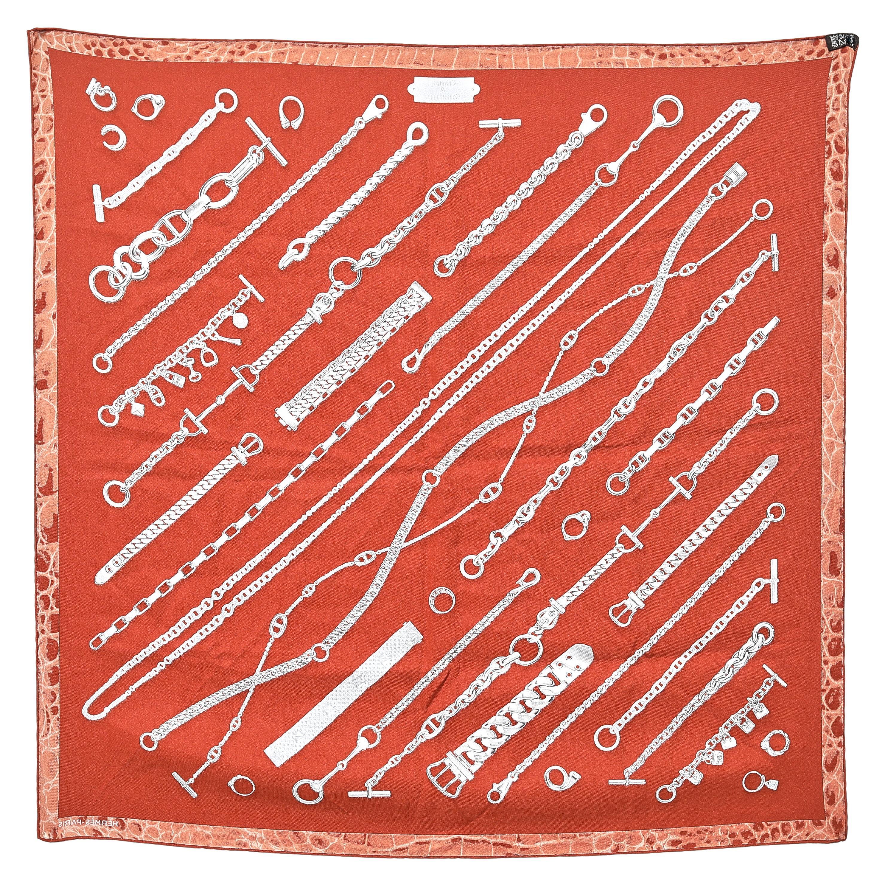 Hermes Orange Chaines & Gourmettes Printed Silk Square Scarf