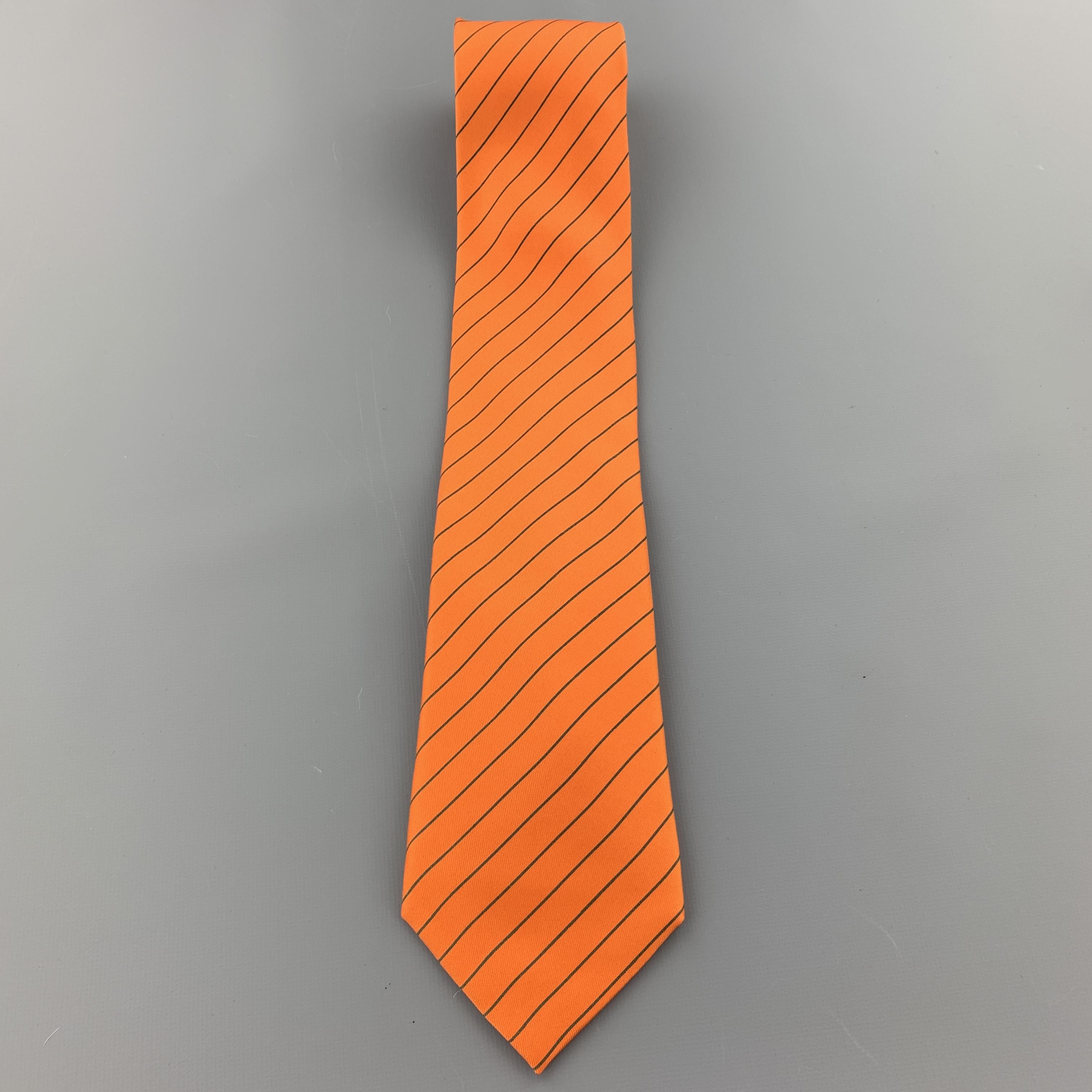 HERMES Orange & Charcoal Diagonal Striped Silk Tie 5041 PA In Excellent Condition In San Francisco, CA