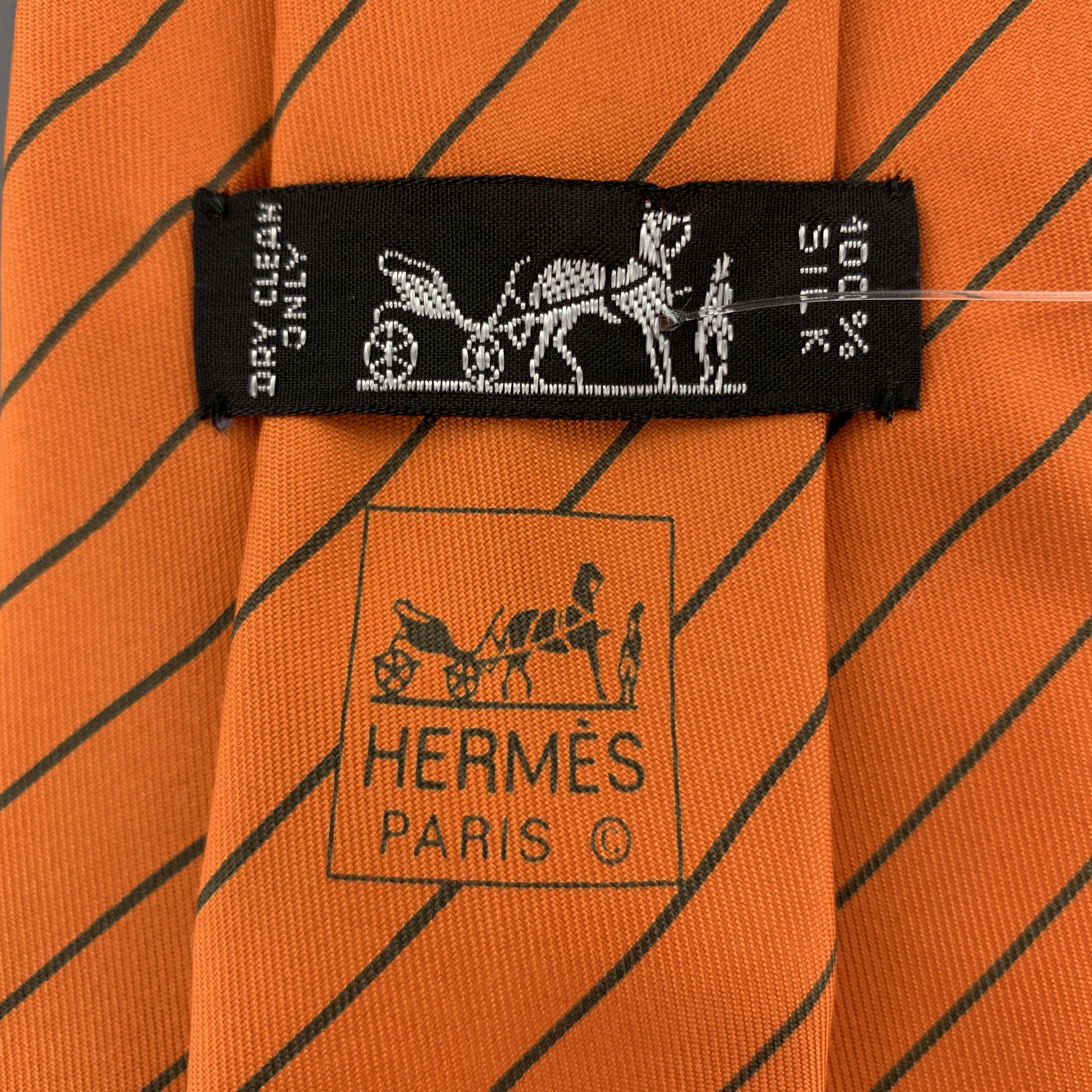 Men's HERMES Orange & Charcoal Diagonal Striped Silk Tie 5041 PA