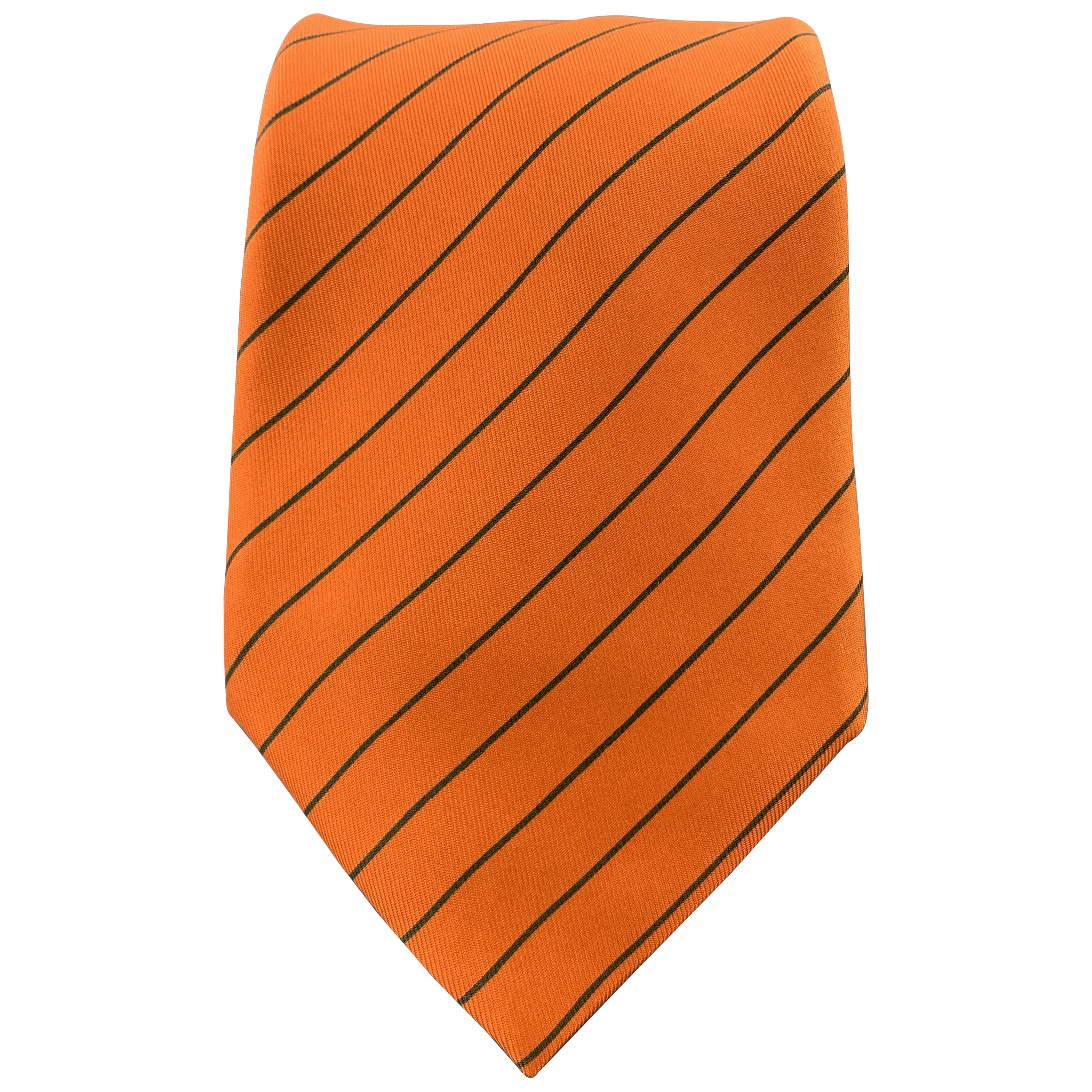 HERMES Orange & Charcoal Diagonal Striped Silk Tie 5041 PA