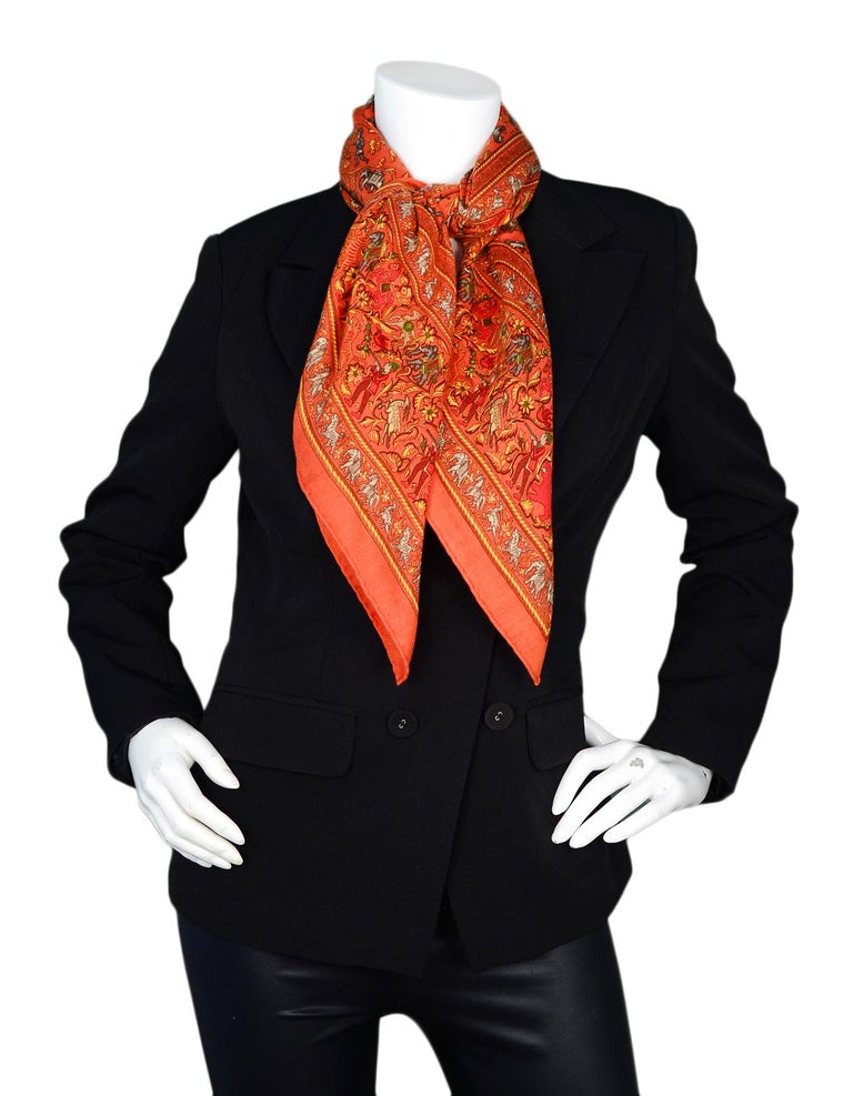 Hermes Orange Chasse En Inde 90cm Silk Cashmere Scarf at 