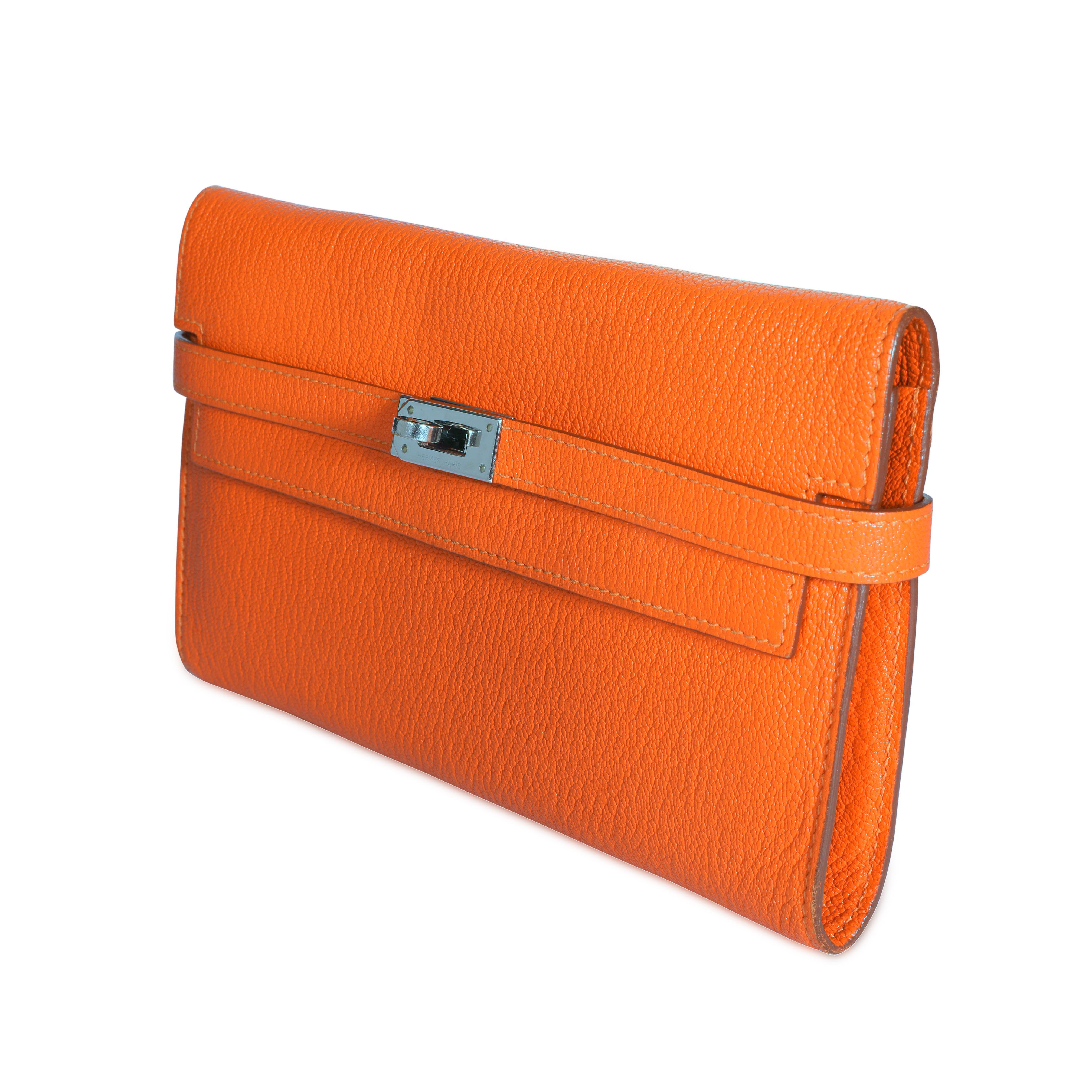 Women's Hermès Orange Chévre Mysore Kelly Wallet with Palladium Hardware
