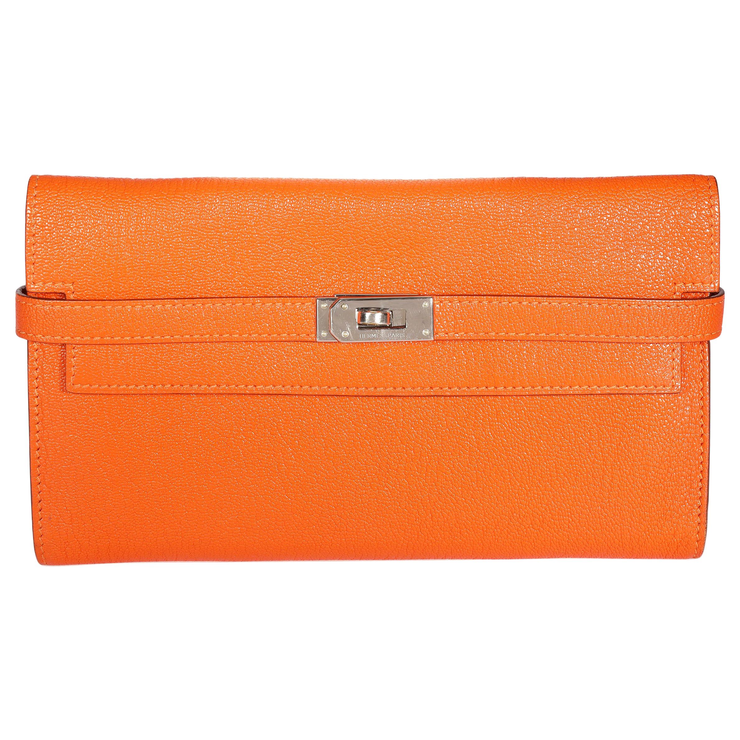 Hermès Orange Chévre Mysore Kelly Wallet with Palladium Hardware