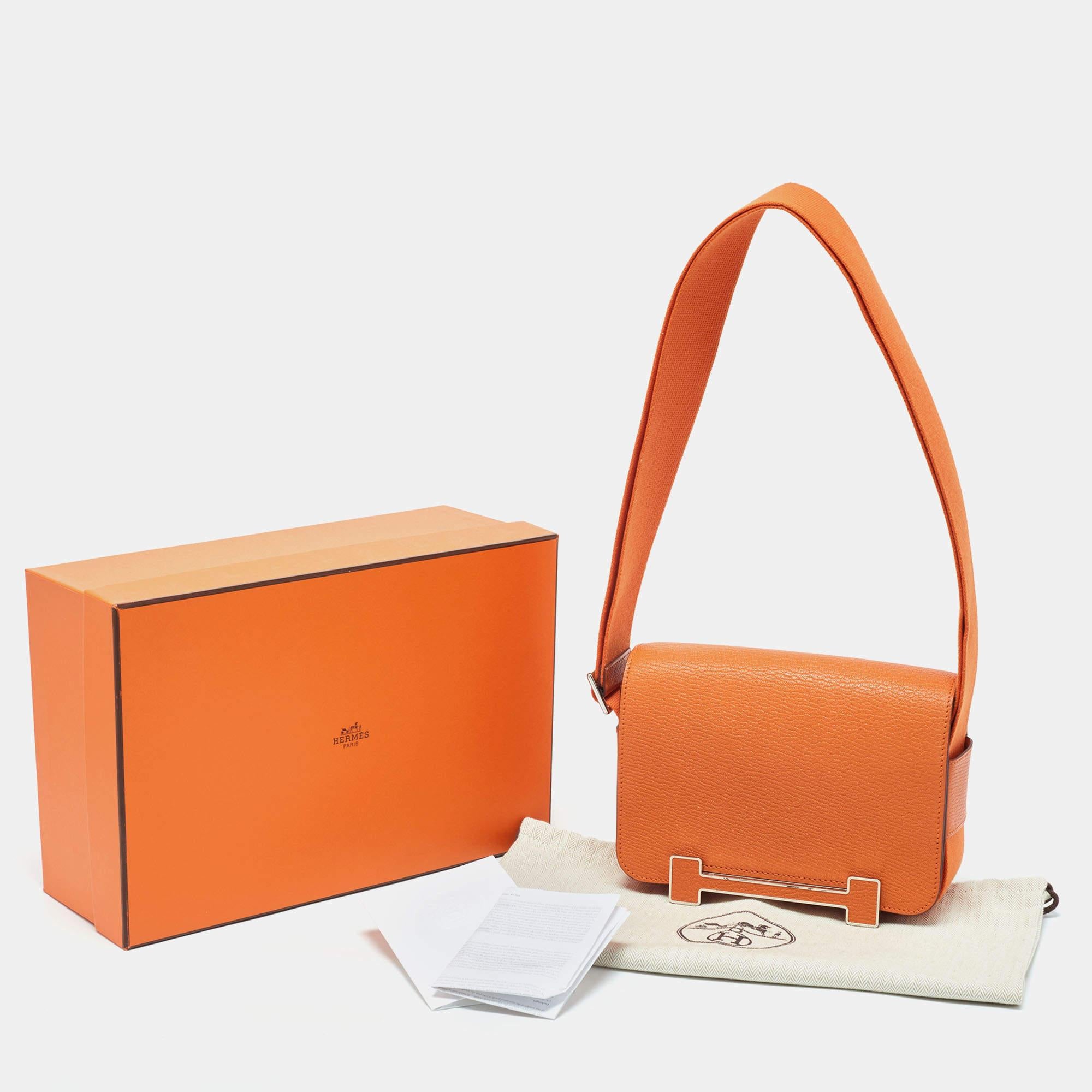 Hermès Orange Chèvre Mysore Leather Palladium Finish Geta Sangle Bag 9
