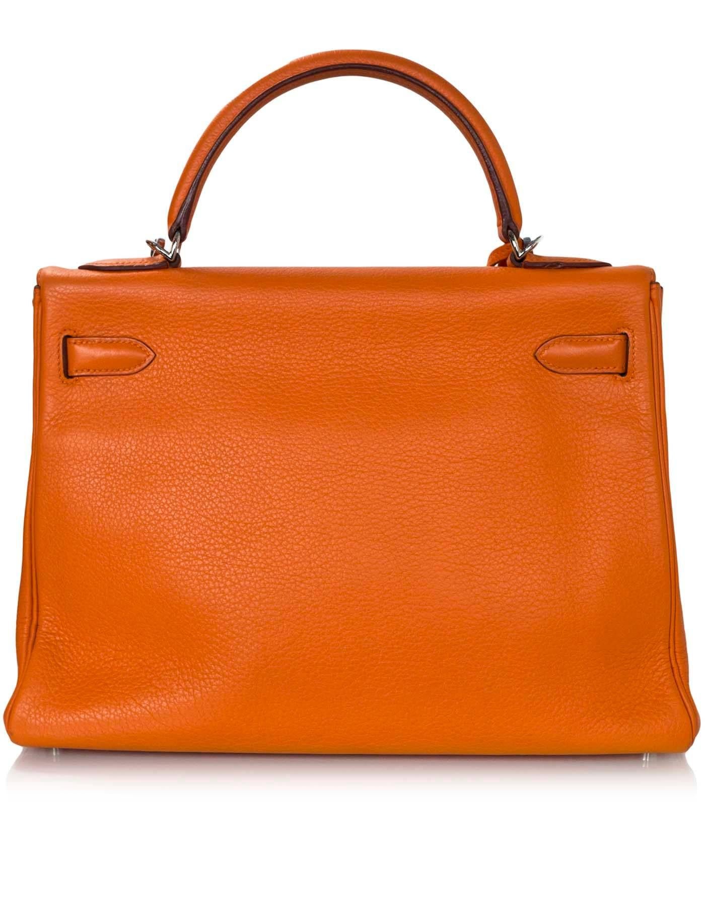 Hermes Orange Clemence Leather 32cm Kelly Bag PHW In Excellent Condition In New York, NY