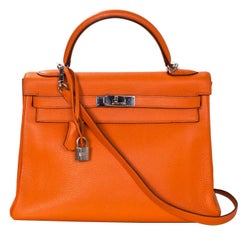 Hermes Orange Clemence Leather 32cm Kelly Bag PHW