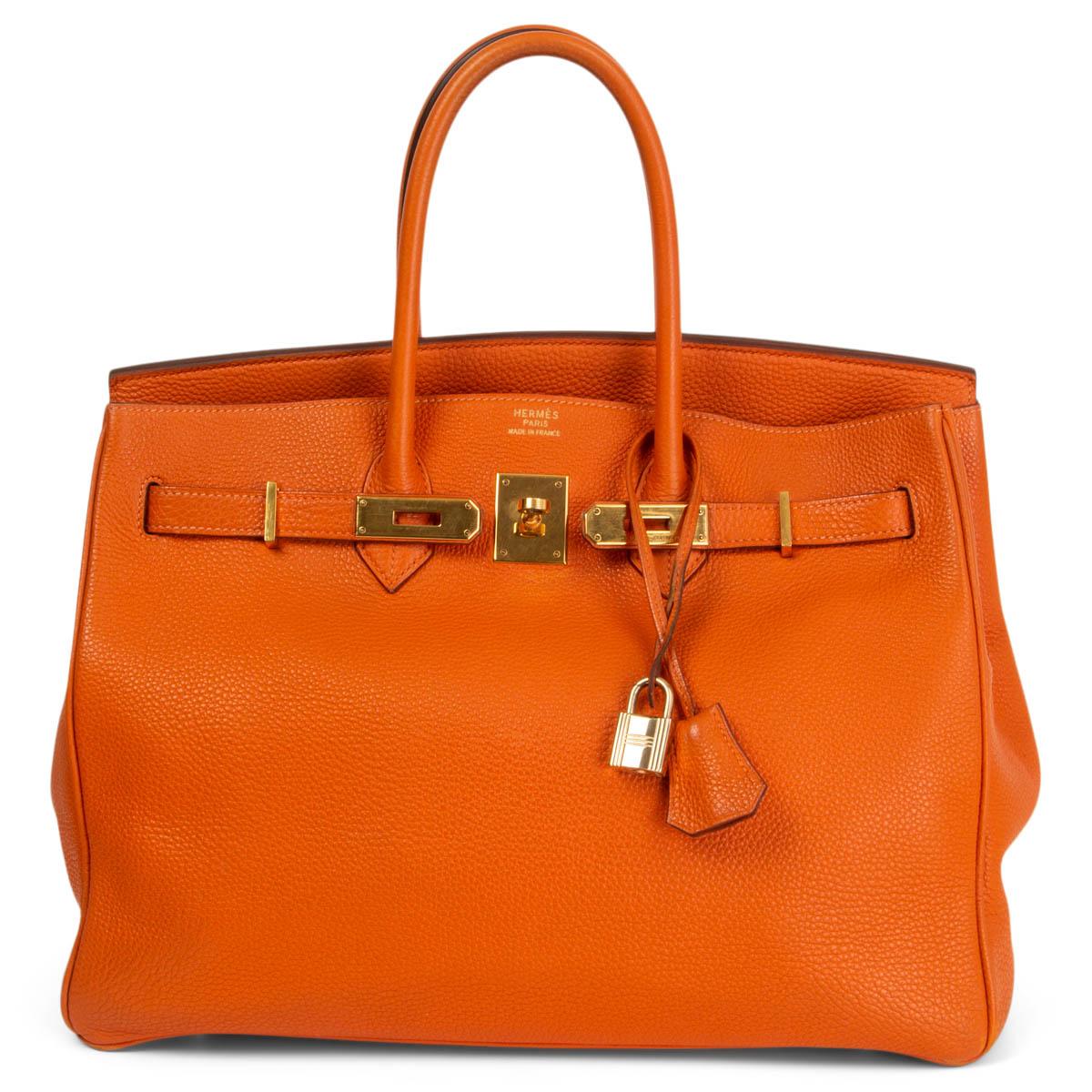 HERMES orange Clemence leather BIRKIN 35 Tote Bag Gold In Fair Condition In Zürich, CH