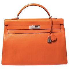 Hermes Orange Clemence Leather Palladium Hardware Kelly Retourne 40 Bag