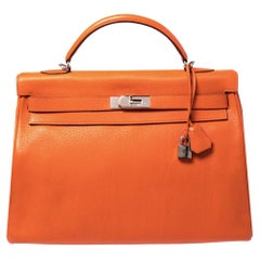 Hermes Orange Clemence Leather Palladium Hardware Kelly Retourne 40 Bag