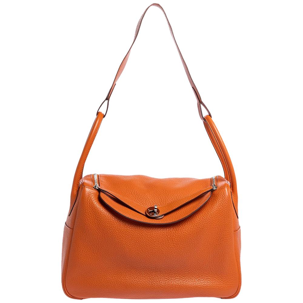 Hermes Orange Clemence Leather Palladium Hardware Lindy 34 Bag