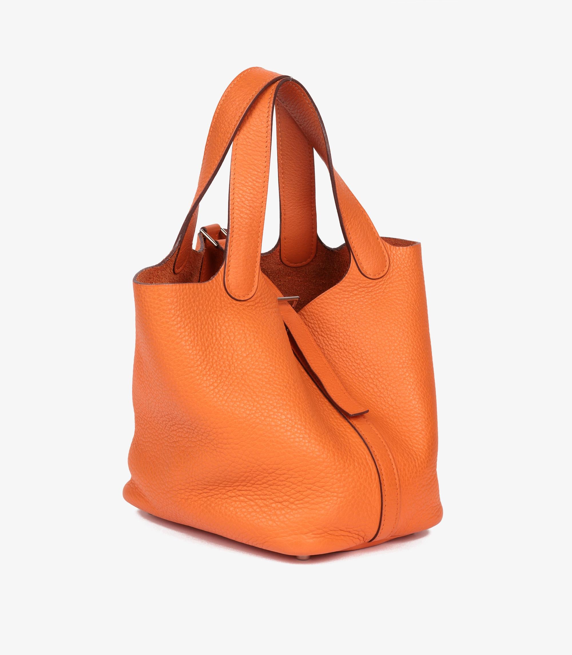 Hermès Orange Clemence Leather Picotin 18

Brand- Hermès
Model- Picotin 18
Product Type- Tote
Serial Number- [I*
Age- Circa 2005
Accompanied By- Hermès Dust Bag, Box, Care Booklet, Entrupy Certificate
Colour- Orange
Hardware- Silver
Material(s)-