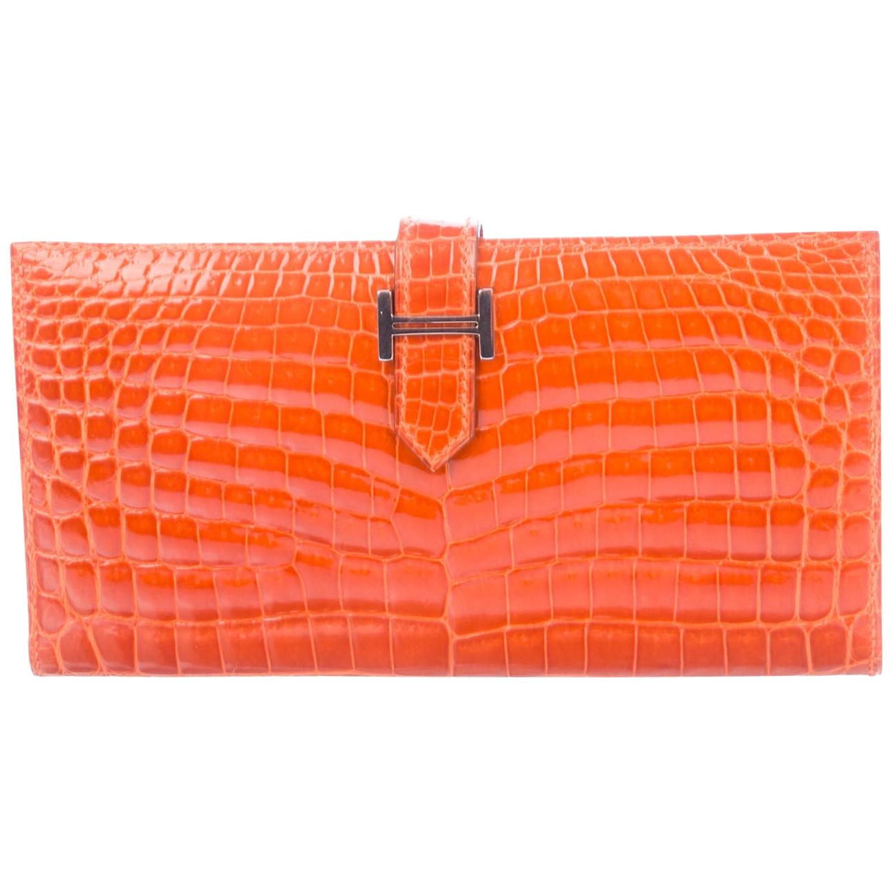Hermes Orange Crocodile Exotic Leather Palladium 'H' Logo Clutch Wallet in Box
