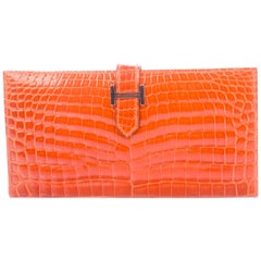 Hermes Orange Crocodile Exotic Leather Palladium 'H' Logo Clutch Wallet in Box