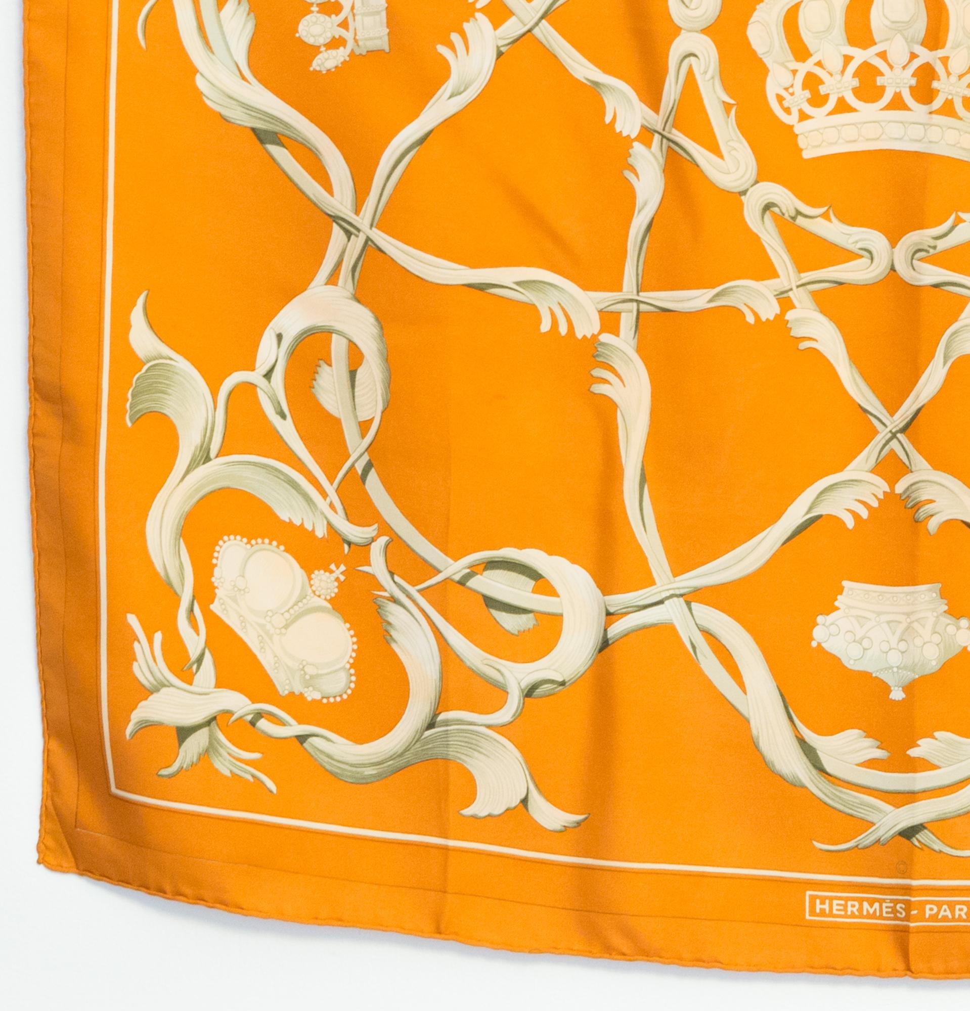 Hermes Orange Crowns by Julia Abadie Silk Scarf In Good Condition In Paris, FR