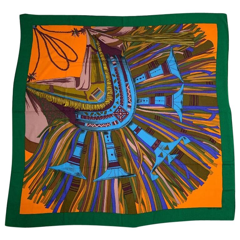 HERMES orange CUIRS DU DESERT DETAILS 140 cashmere silk Shawl Scarf at