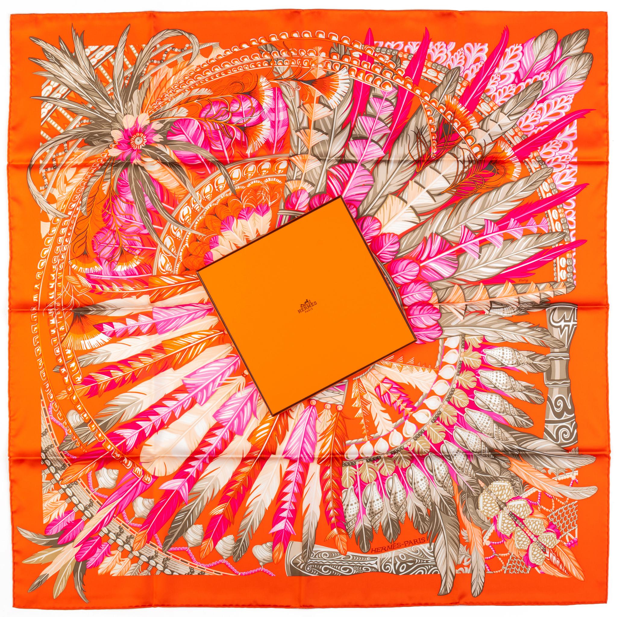 Hermès new Danse Pacifique silk scarf . Orange color way. Hand rolled edges. Comes with original box.