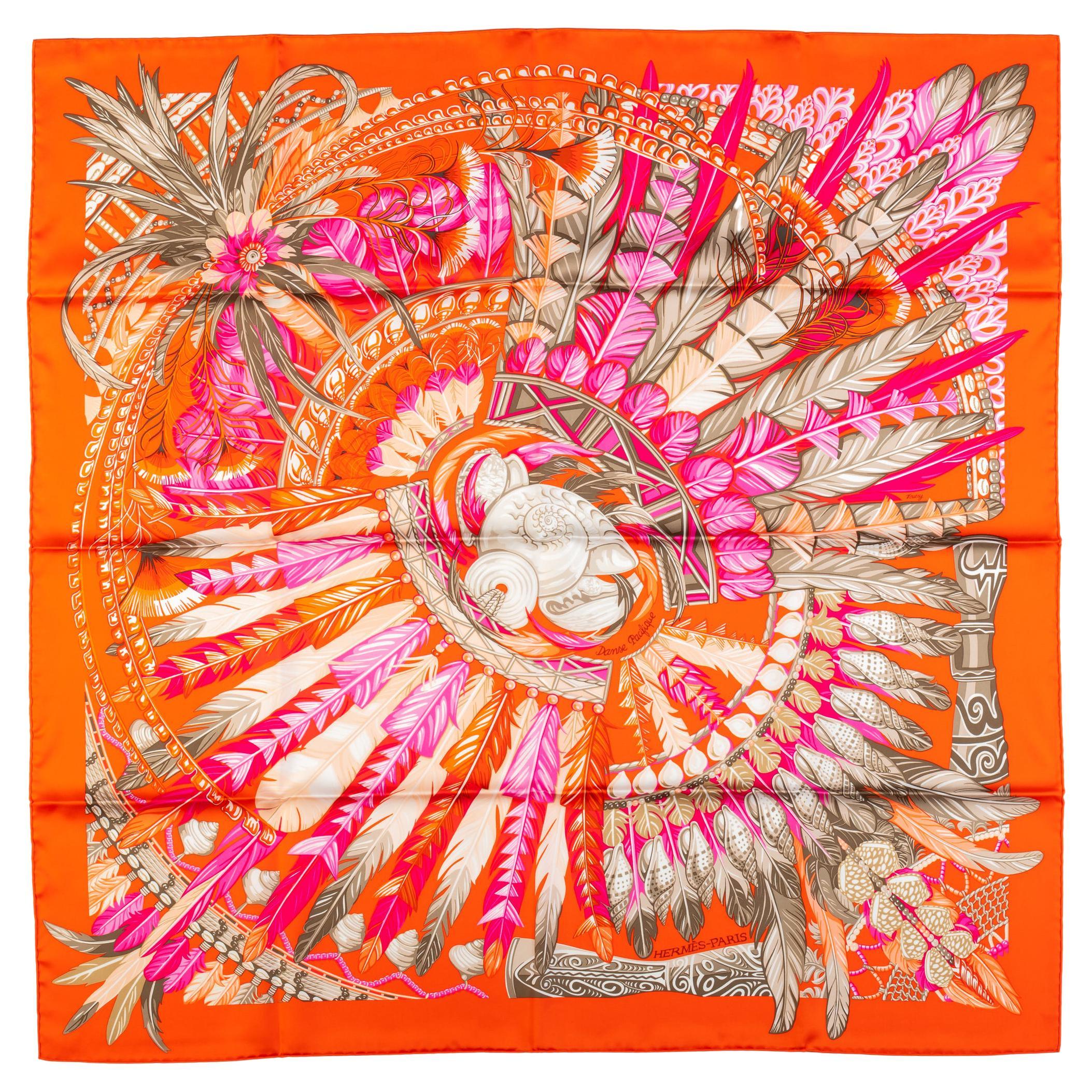 Hermès Orange Danse Pacifique Silk Scarf For Sale