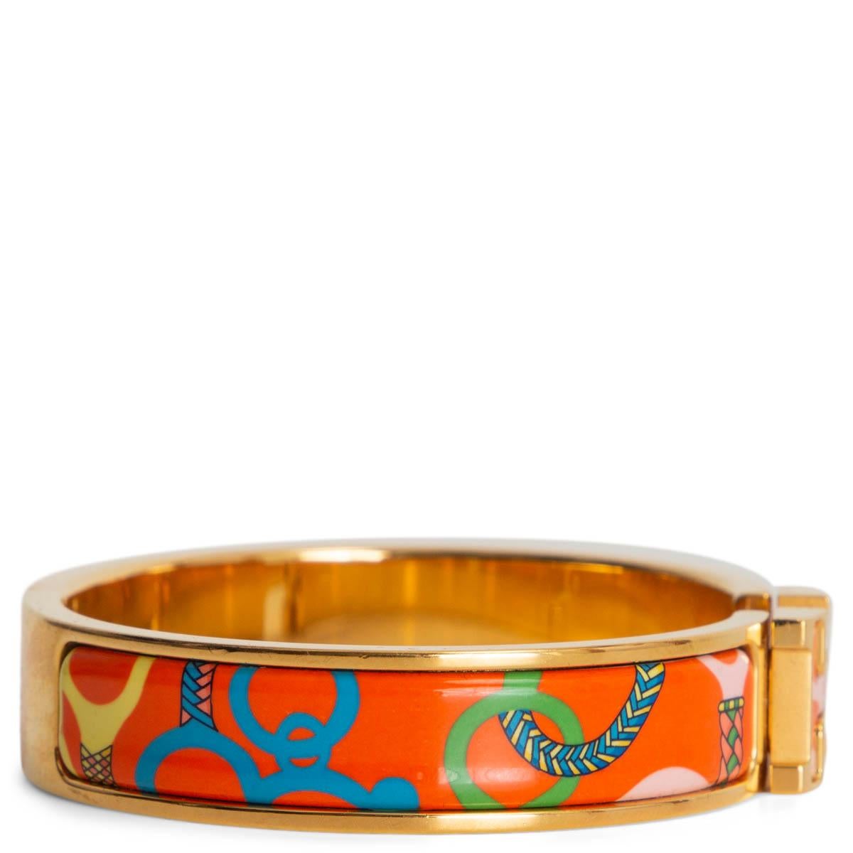 100% authentic Hermès Clic H PM bracelet in orange and multicolor Panoplie Equestre printed enamel and gold-plated hardware. Has been worn and is in excellent condition. Comes with dust bag. 

Measurements
Size	PM
Height	1.2cm (0.5in)
Depth	0.4cm