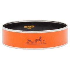 Hermes Orange Enamel Palladium Plated Caleche Bangle Bracelet