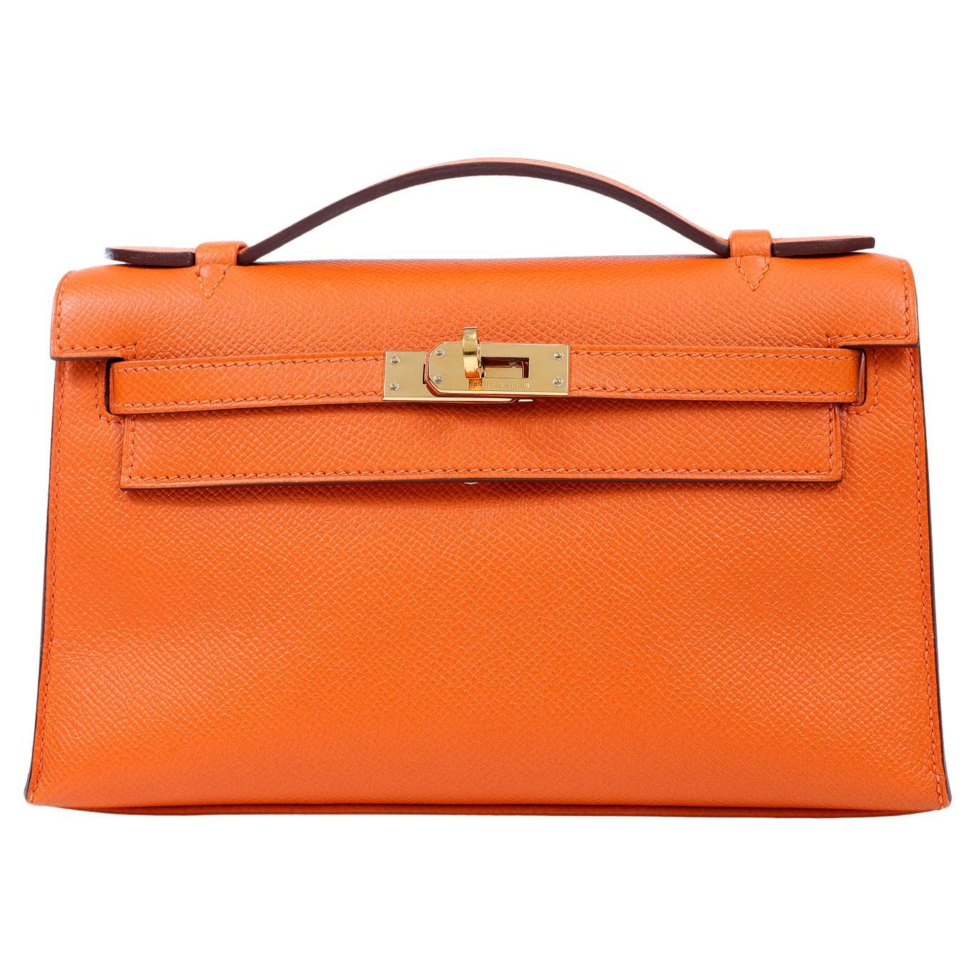 Hermès Orange Epsom Kelly Pochette with Gold Hardware