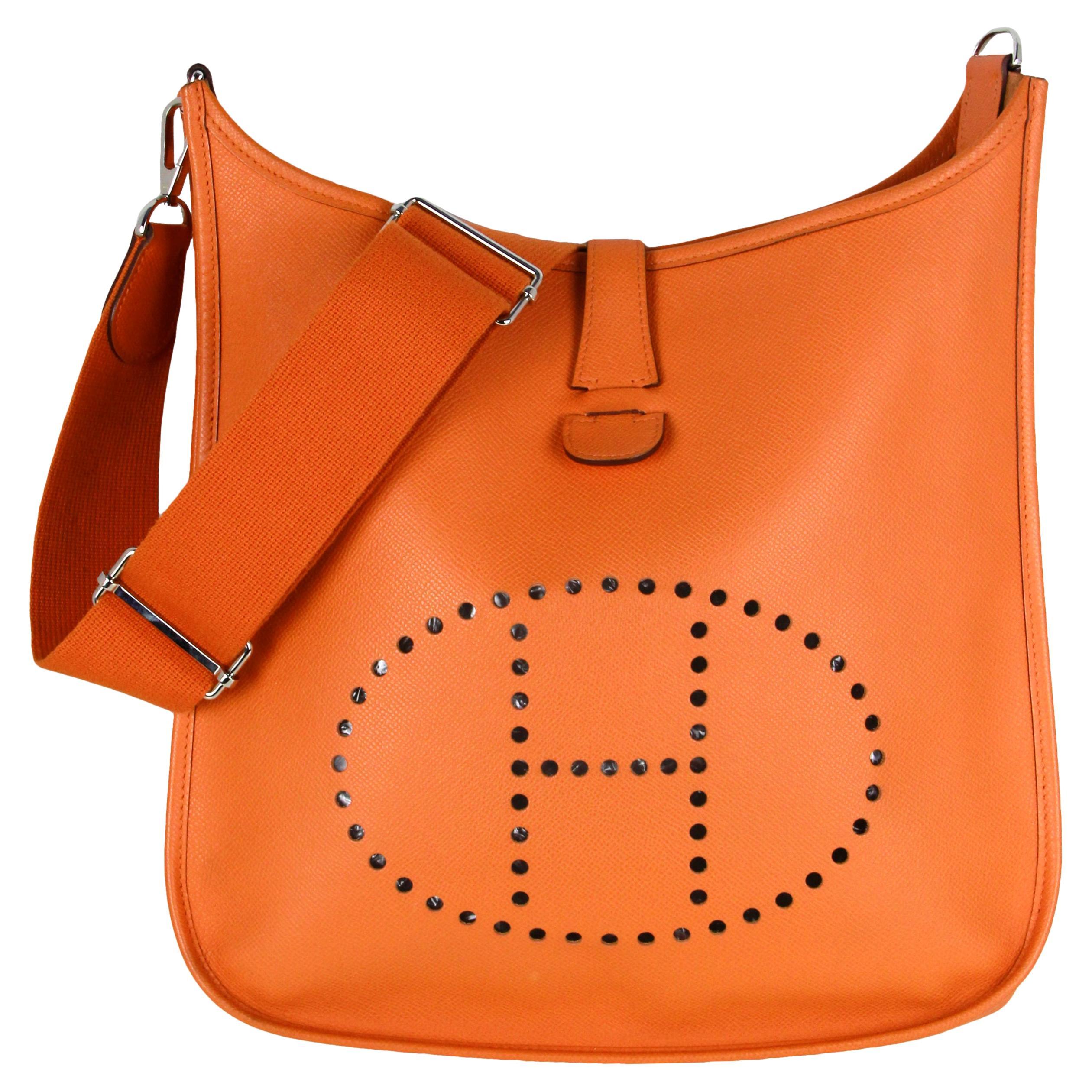 Hermes Orange Epsom Leather Evelyne III GM Messenger Bag For Sale at