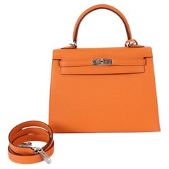 HERMES orange Epsom leather KELLY 25 SELLIER Bag Phw