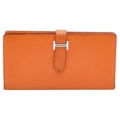 Hermes Orange Epsom Leather Palladium Finish Bearn Wallet